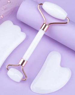Σετ Quartz Roller & Gua Sha Εργαλεία Γλυπτικής Προσώπου από  Λευκό Νεφρίτη 
