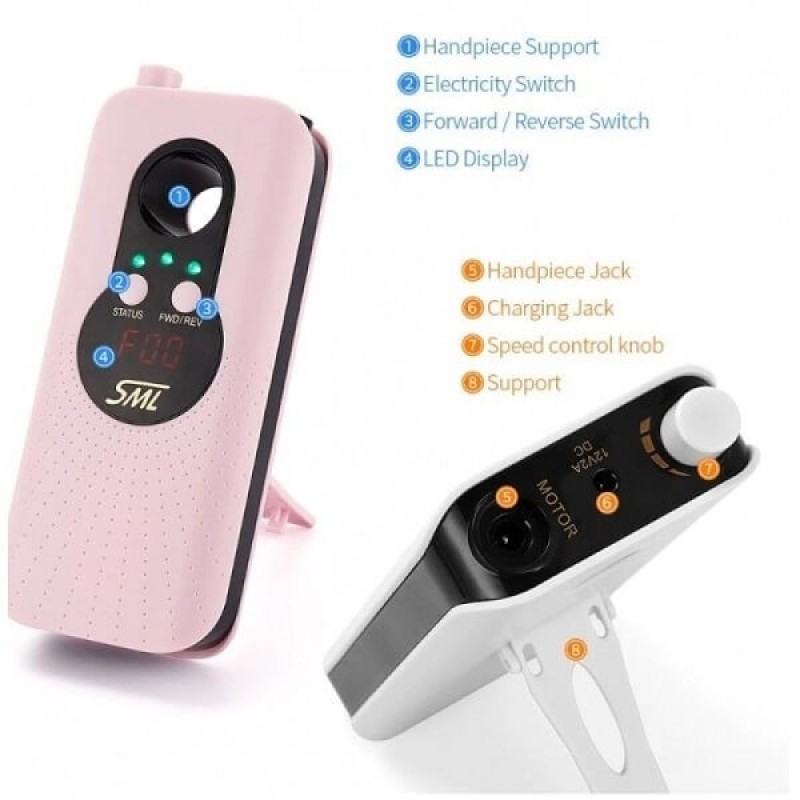 Επαναφορτιζόμενος φορητός τροχός νυχιών 35.000rpm 30Watt SML M6 Pink